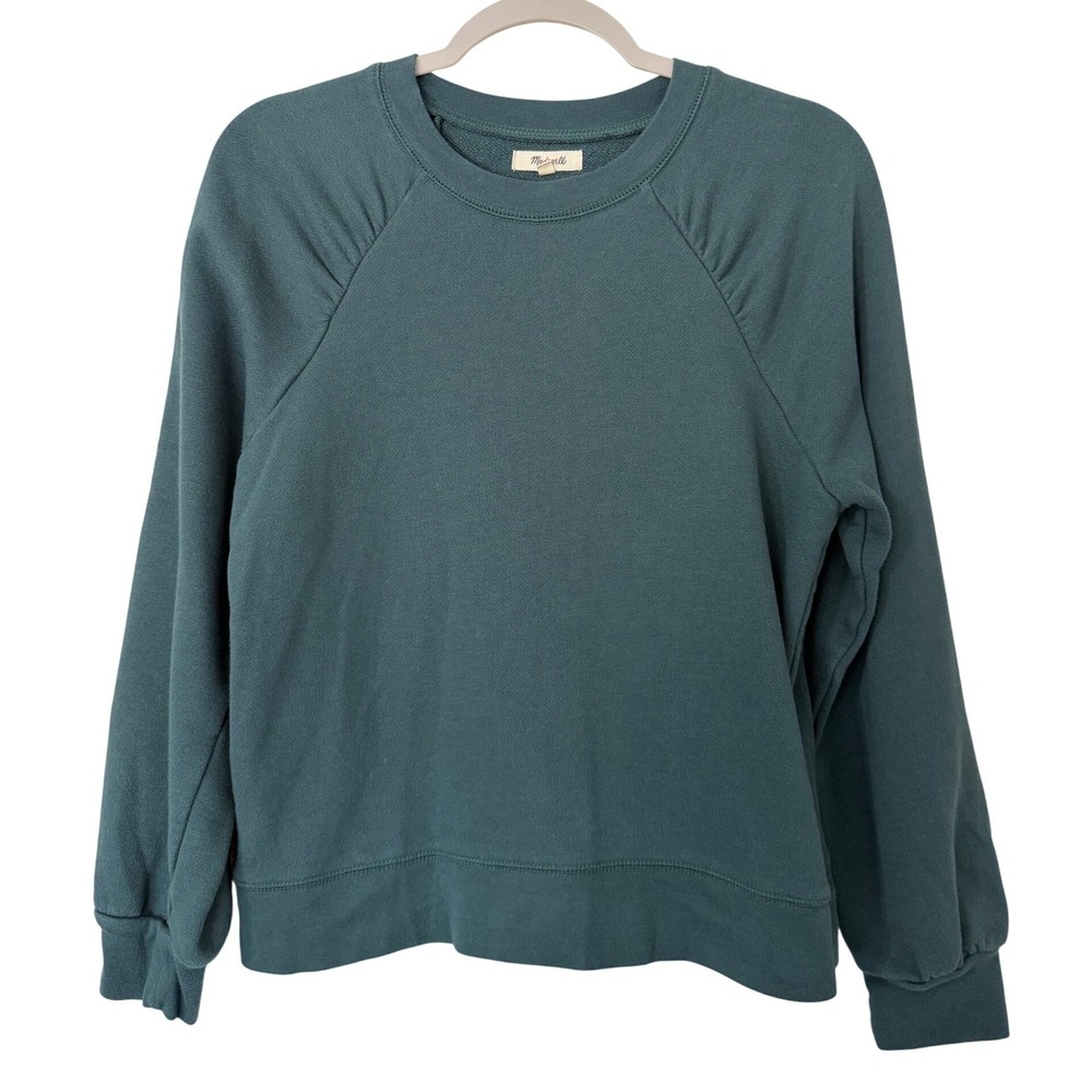 Madewell Womens Medium Dark Teal Green Raglan Puff Sleeve Sweatshirt Pullover